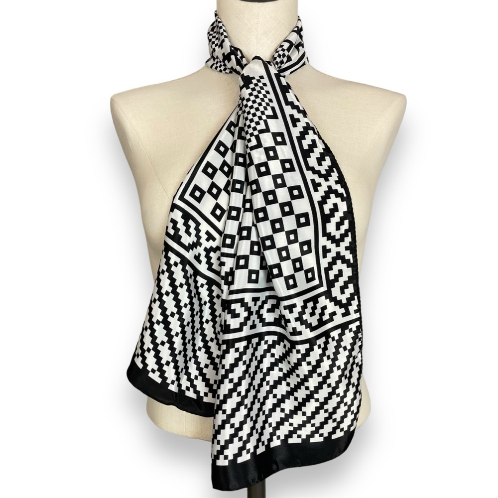 Vintage Scarf Geometric Black White Long Polyester Rectangular 80s Funky Bold